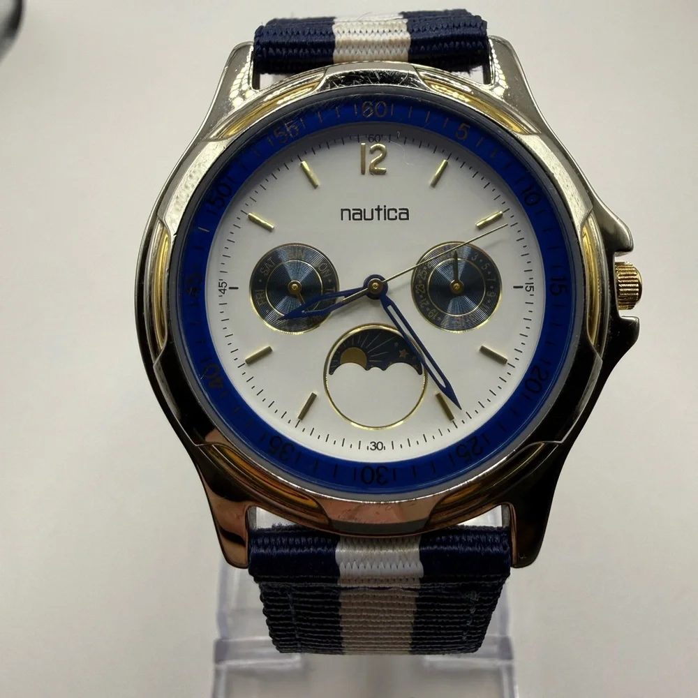 Nautica Vintage Moon Phase Watch 39mm Unisex Blue White Nylon Band (New Battery)